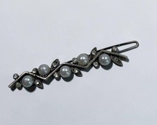 Floral Branch Silver Tone Barrette Faux Pearl Rhinestones Hair Clip Elegant