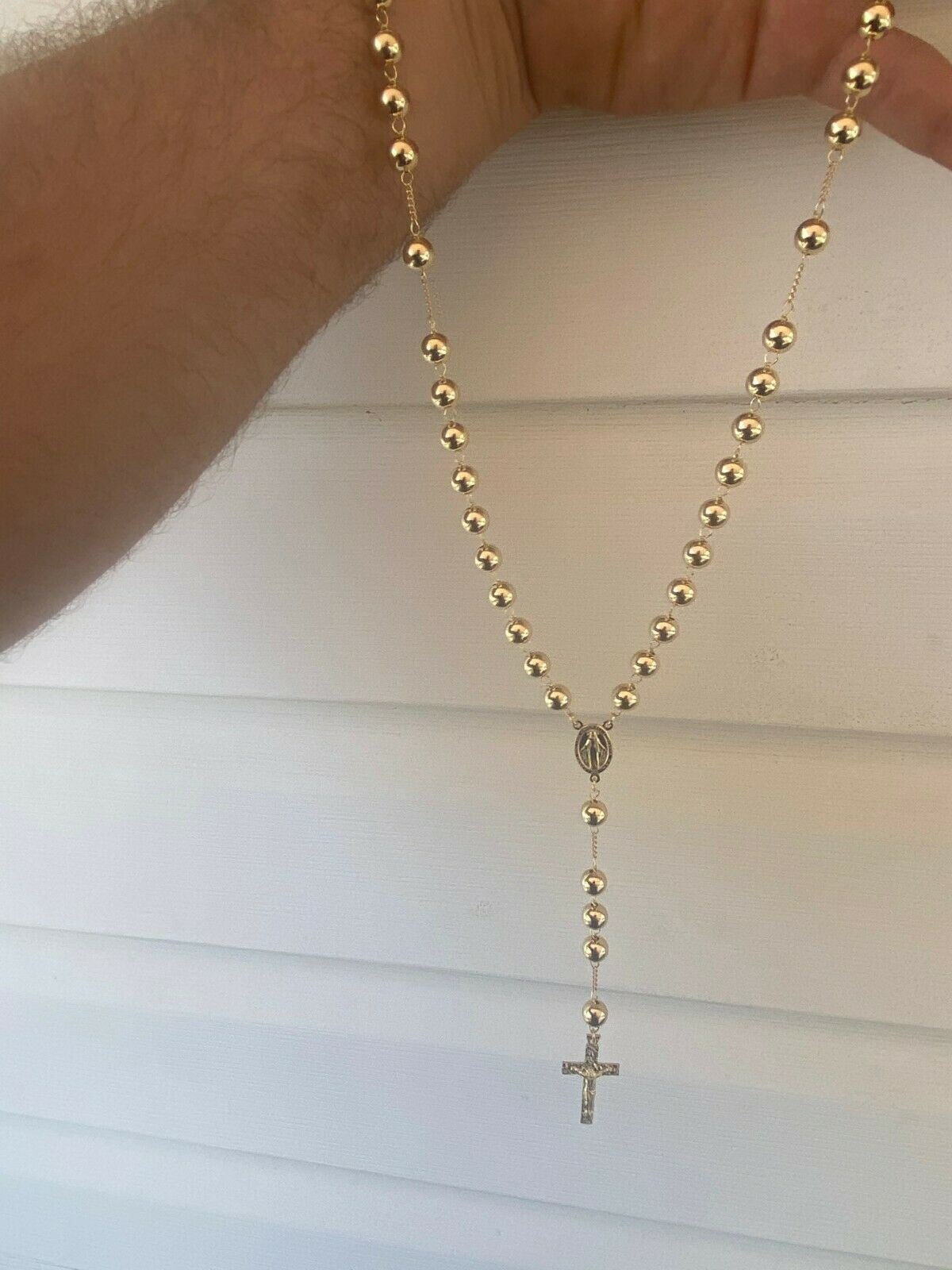 14k Gold Plated Solid 925 Silver Men's Rosary Beads Necklace Rosario ...