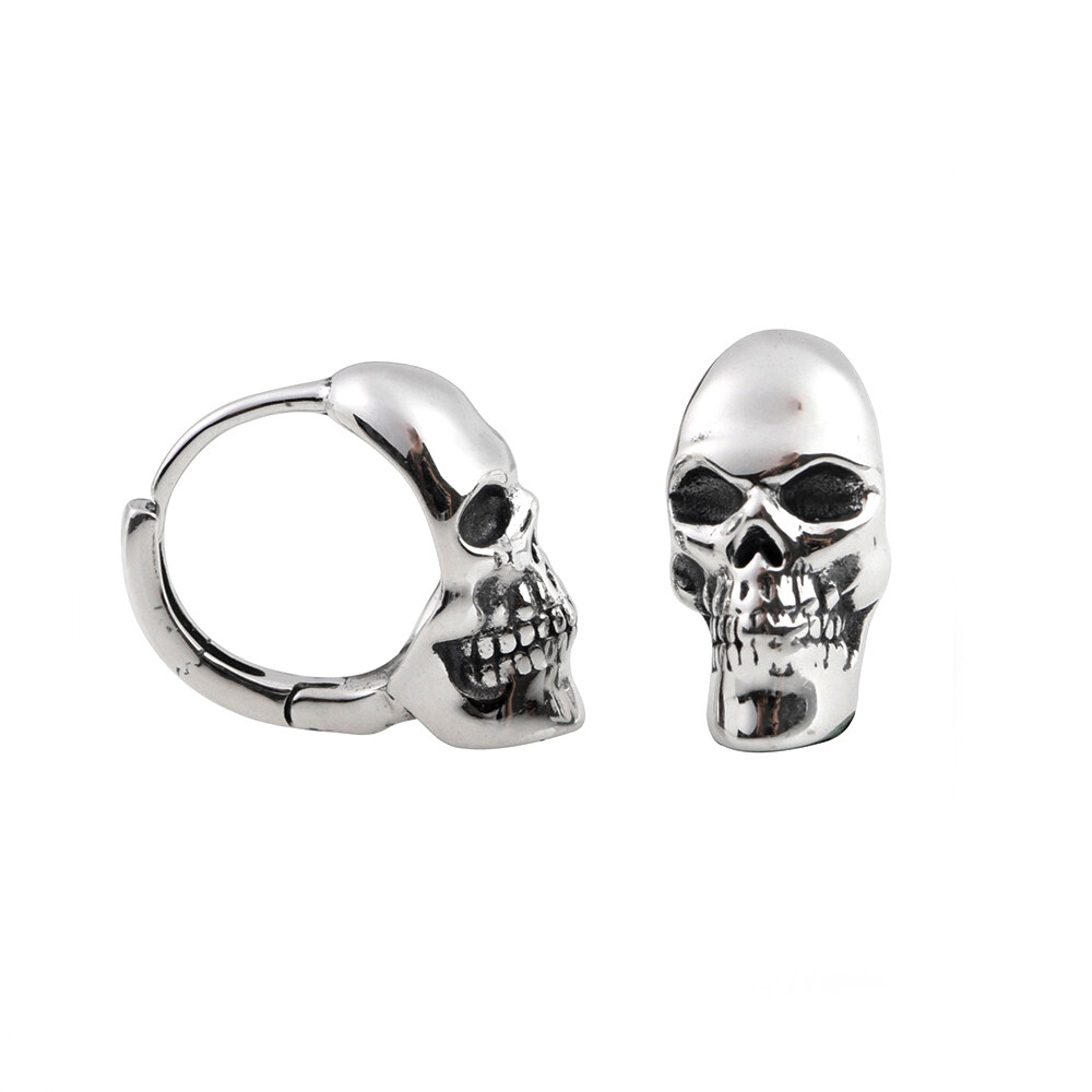 925 Sterling Silver Men's Gothic Biker Skull Skeleton Huggie