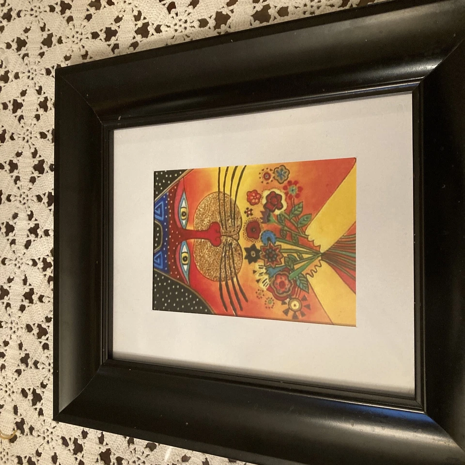 Laurel Burch Cat with Multicolored bouquet Flowers Glass Black Frame Size 14X12 - Image 3 of 4