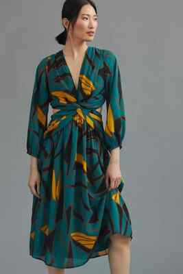 Anthropologie Ranna Gill Floral Cut-Out Midi Dress Sz XS
