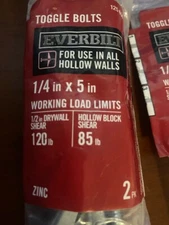 Crown Toggle Bolts 1/4"x5" 2pk Zinc Overbuilt Drywall Hollow Block Shear