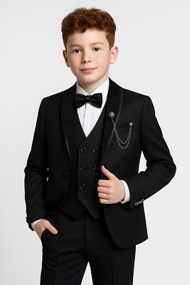 Sirri Jungen schwarz Smoking Abendessen Anzug 6-teiliges Set Page Boy Hochzeit Outfit Alter 3-12