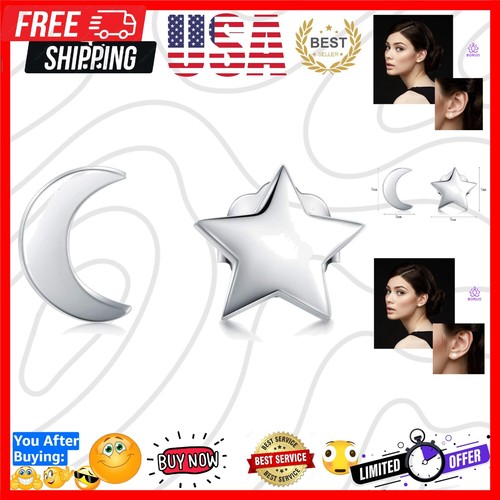 925 Sterling Silver Crescent Moon & Star Stud Earrings - Tarnish Resistant Charm
