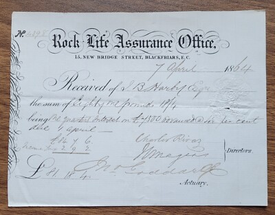1864 Rock Life Assurance Office Versicherung Prämienbeleg für J.B. Hardy