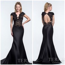 NWT TERANI COUTURE152M0637 CAP SLEEVE LACE EMBLISHED MARMAID BLACK GOWN 599