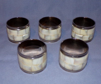 Lot 5 Mother of Pearls Napkin Ring Holder Metal Silver Tone 1.5 in Iridescent