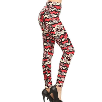 Red And White Chevron Sugar Skull Skeleton Skull Head Leggings One Size XS-XL