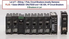 Lot of 9 Single Pole Circuit Breakers, 8 20A, 1 30A, Siemens, GE, Eaton
