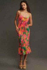 New FARM Rio x Anthropologie Ruched Tie-Front Tropical Pink Dress Size L NWT