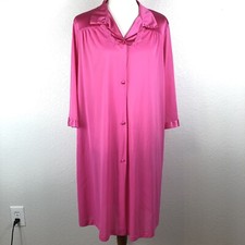 Vanity Fair Vintage Nylon Silky Pink Robe Sz L Long Sleeve Buttons Satin Trim