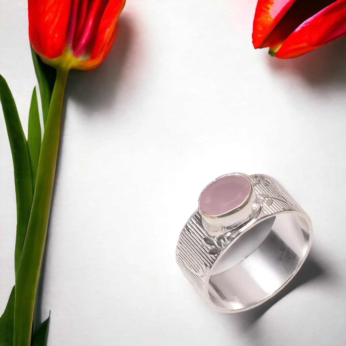 Pink Chalcedony Simple Band Ring Size Handcrafted Oxidized Ethnic