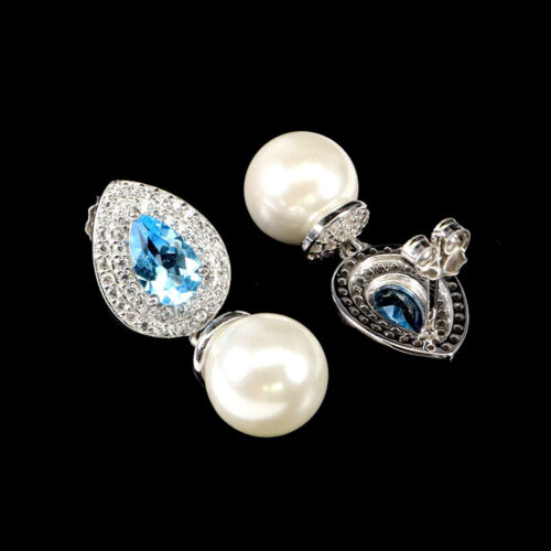 925 Sterling Silver Earrings Pear Swiss Topaz Mop Natural Gemstone Jewelry - Picture 3 of 13