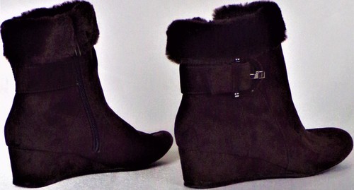 IMPO size 6.5M GEORGIE brown faux-suede low wedge-heel ankle boots faux-fur trim - Picture 7 of 11