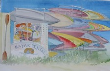 Kayak Noleggio Originale Acquerello Quadro RAMfish Artista Tramonto Spiaggia CA 14" 22"
