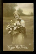 Women real photo postcard RPPC Happy Anniversary Greetings flowers France