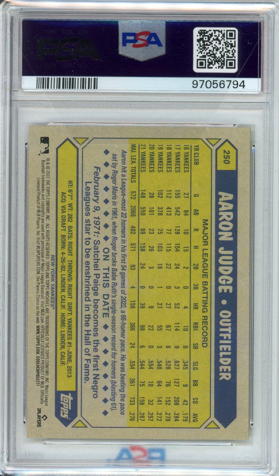 2022 TOPPS ARCHIVES #250 AARON JUDGE PSA 10 view 2