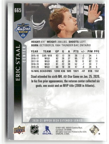 2020-21 Upper Deck Eric Staal Minnesota Wild #665 - Afbeelding 2 van 2