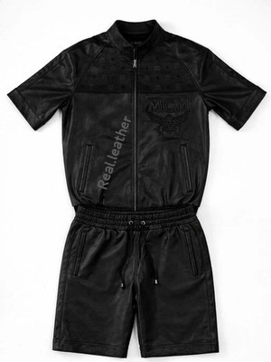 Vintage MCM Black Leather Tracksuit Jacket & Shorts Monogram Logo