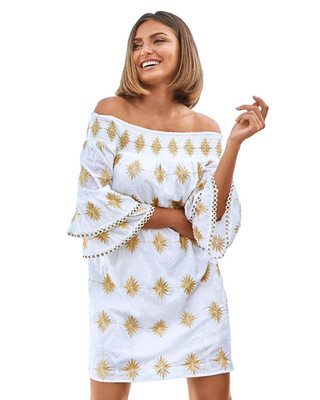 Boston Proper Mini Dress Womens L White Metallic Off-The-Shoulder Tiered-Sleeve