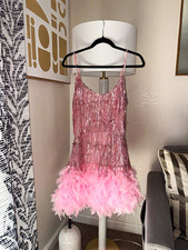 ECDAHICC Pink Sequin Fringe Mini Dress Feather Hem V-Neck Spaghetti S