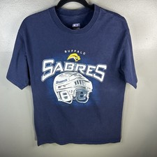 Vintage Y2K Buffalo Sabres NHL Slug Logo Helmet Navy Blue Shirt Size Medium