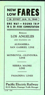 Pacific Electric Ry FARES leaflet L.A. San Gabriel Sierra M January 15 1940
