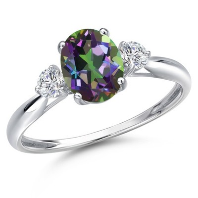 10K White Gold Green Mystic Topaz and Lab Grown Diamond 3-Stone Ring For Women