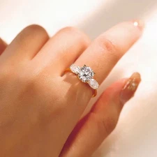 3Ct Round Cut Real Moissanite 14K Yellow Gold Plated Three Stone Engagement Ring