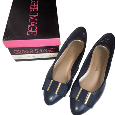 Career Image Womens Pumps 7.5 M Navy Leather Pointed Toe Slip On Bow Block