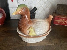 Rare Vintage Hand-painted  glazed ceramic Duck & Ducklings Egg basket c. 1950/60