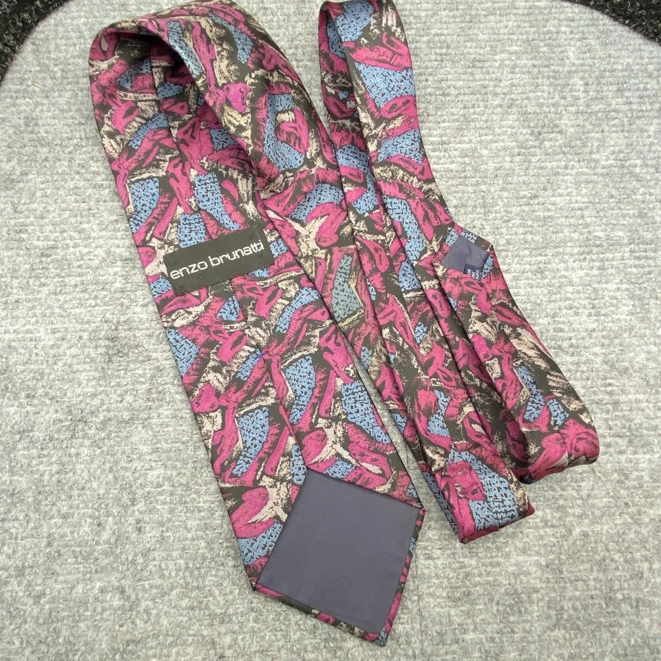 Enzo Brunatti 真丝领带粉色蓝色抽象印花领带美国制造 3.75 x 59 — 第 3/4 张图片