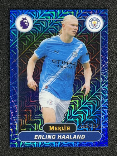 2025-26 Topps Merlin Chrome Premier League Erling Haaland #123 Blue Mojo /150