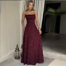 Women's Burgundy Floral Lace Maxi Dress - Spaghetti Strap Cowl Neck A-Line Forma