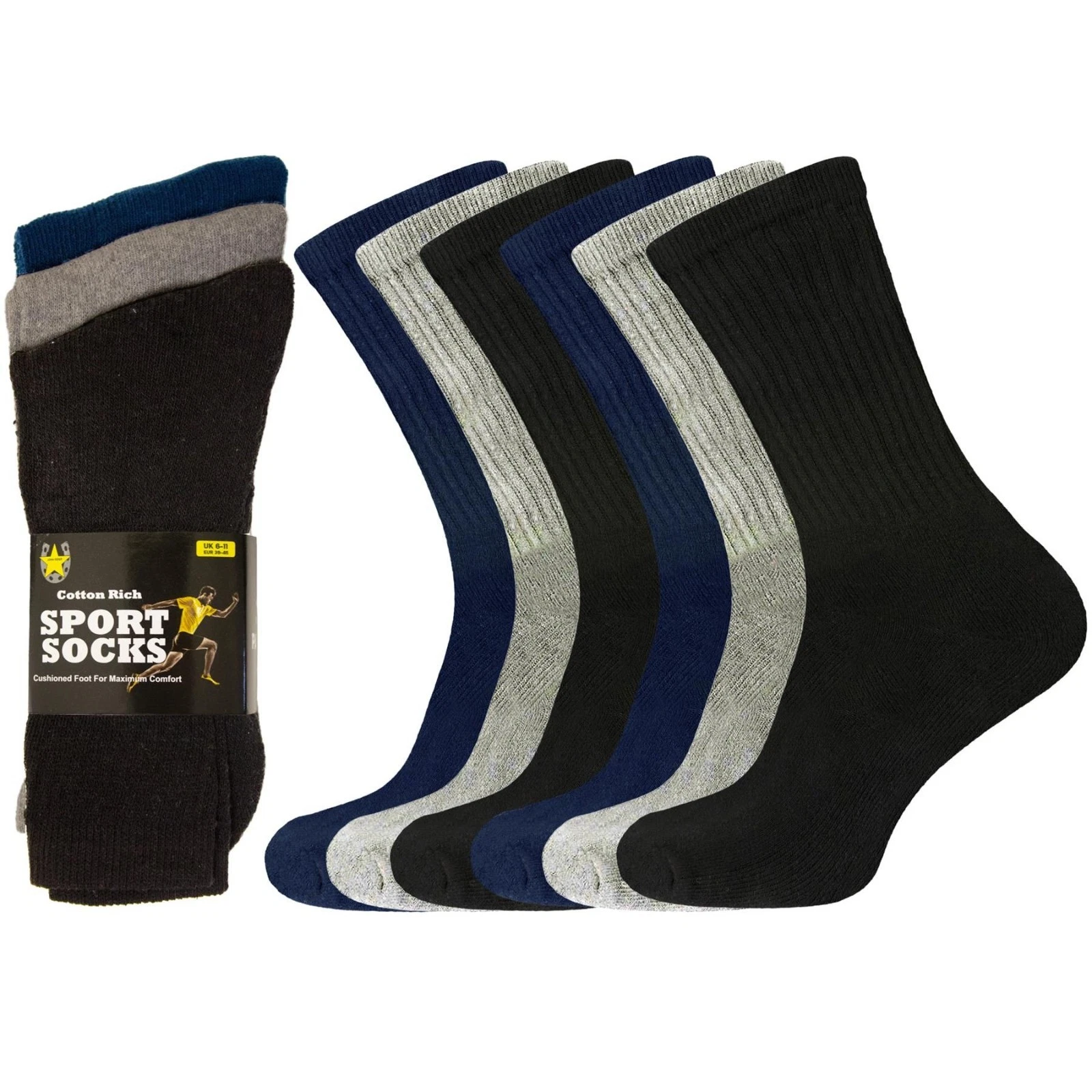 Men Cotton Rich Sport Socks Outdoor Comfort Soft Thermal Black Navy Grey UK 6-11