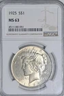 1925-S Silver Peace Dollar MS 63 NGC Uncirculated. Price Reduced!!