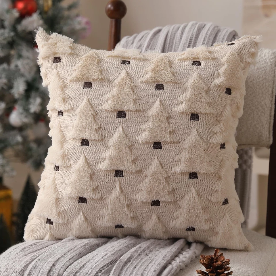 Allorry 2pk 18"x18" Beige Faux Fur Christmas Tree Throw Pillow Covers Winter Dec - Image 3 of 4