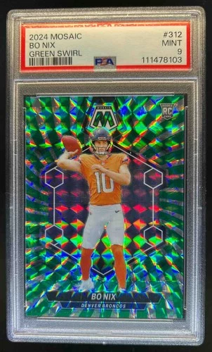 2024 Mosaic Bo Nix RC Green Swirl Prizm Rookie #/13 Broncos PSA 9