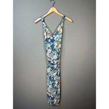 Free People Floral Mesh Dress Womens XS Blue Ruched V-Neck Midi NWT