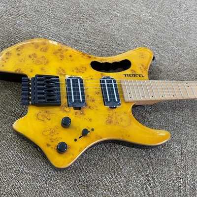 YELLOW Amber Burl Veneer Headless Electric Guitar 6String Basswood body Clearanc