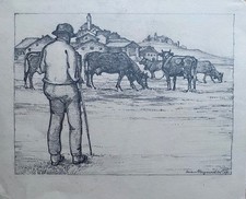 Iwan Edwin Hugentobler, Handzeichnung, signiert, 1917, Bauer mit Viehherde