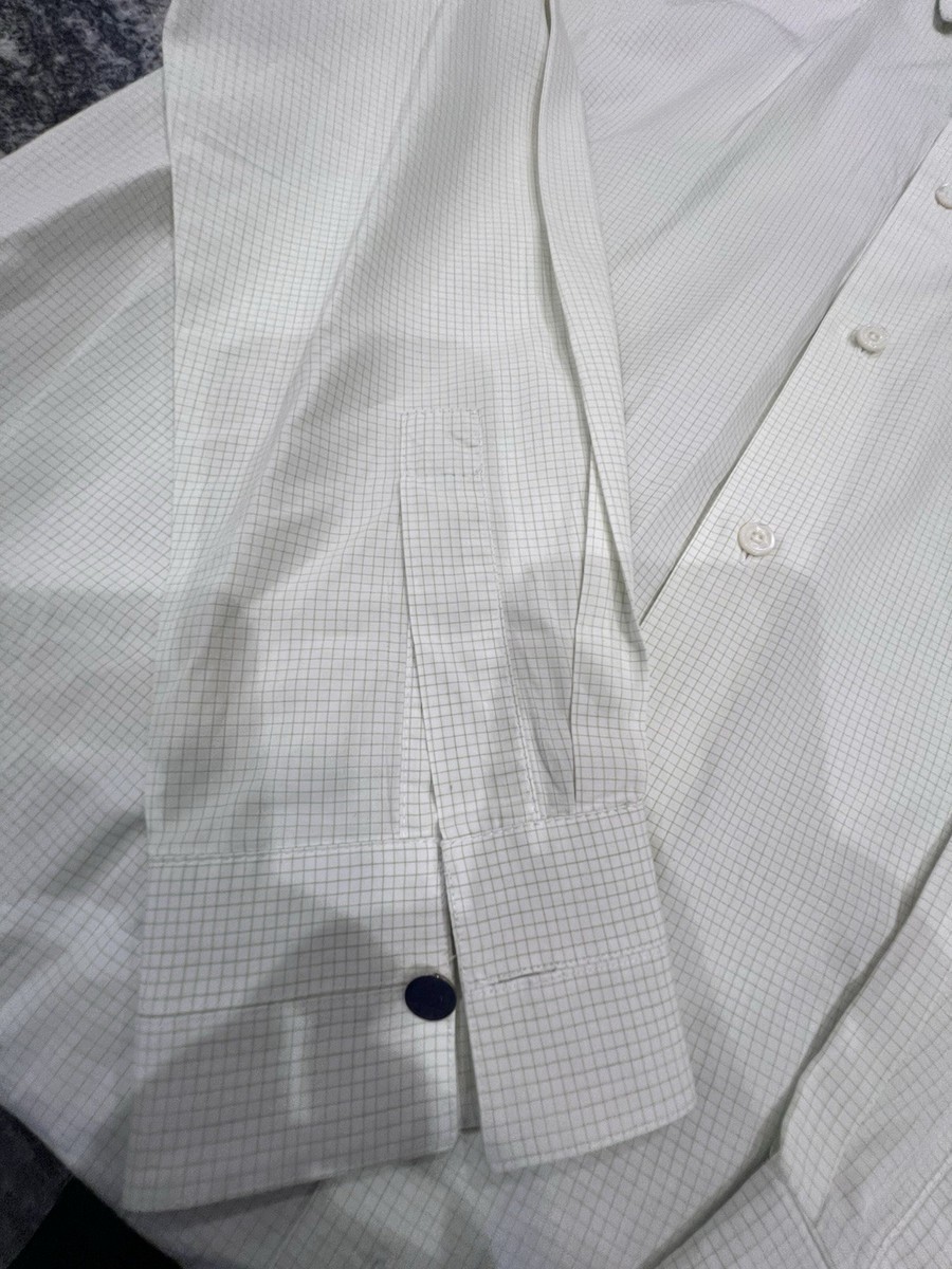 HERMES WHITE STRIPE BUTTON DOWN DRESS SHIRT METAL LOGO CUFF BUTTON