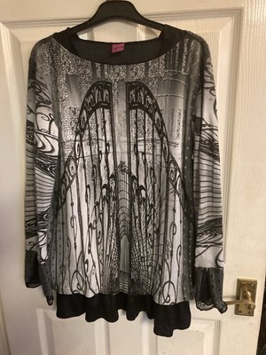 Women s Designer Save The Queen Long Sleeved Top Size 16/18 Zips Grey Black