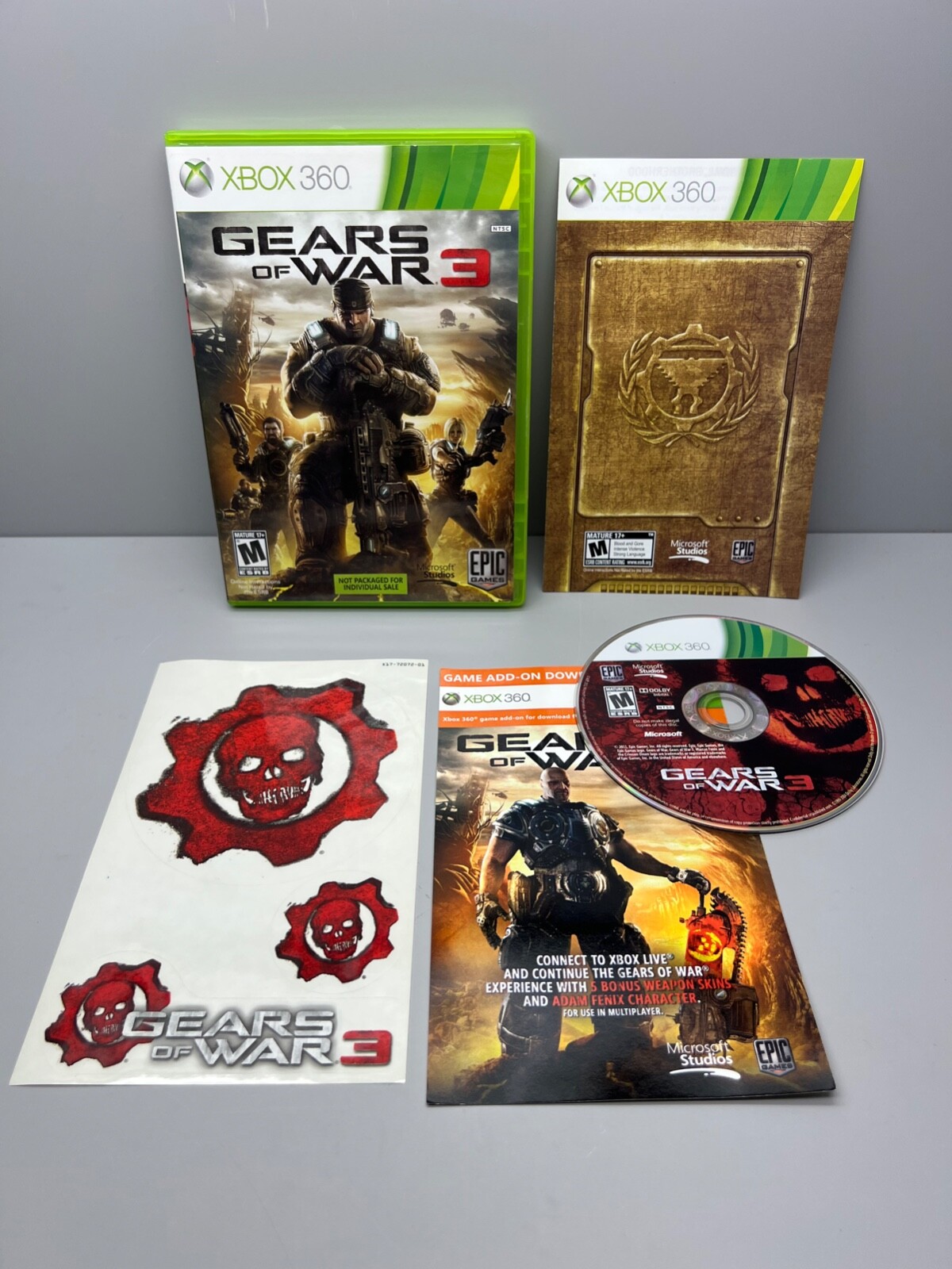 2 XBOX 360 GAMES GEARS OF WAR 1 COMPLETE & GEARS OF WAR 3 W/ STICKERS NO  MANUAL