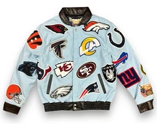 Jeff Hamilton NFL Collage Wool & Leather Jacket Sz L Blue Special Edition