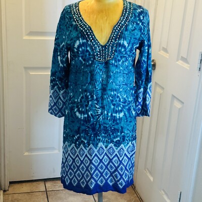 Ladies ACE Fashion Size Med Tunic Dress Beaded V Neck Tie Dye Print Green/  Blue | eBay UK