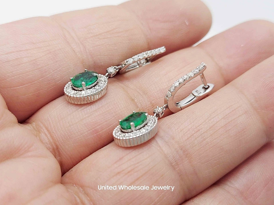1.92ct Genuine Mined Emerald & Diamond Dangle/Hoop Earrings In 14K White Gold - Image 4 of 4
