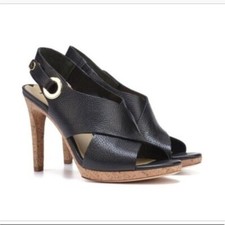 Via Spiga Black Leather Open Toe Cork Heel Onitta Sandals Women s Size 6.5