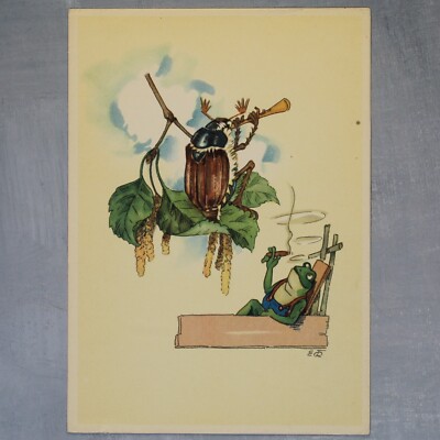 Dressed frog smokes May bug musician piper Vintage postcard 1950s BAUMGARTEN 