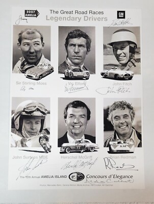 Great Road Races Legendary Drivers poster; 9 x signed (Moss, Fitch, Surtees +)